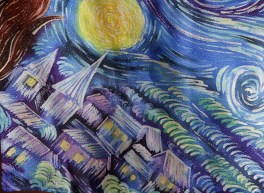платок Ван Гог. Звездная ночь, батик, шелк жаккард 90х90 см